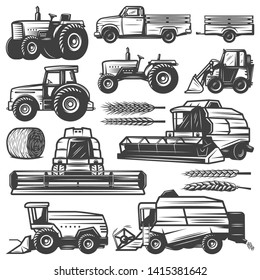 Vintage harvesting transport collection with truck tractors loader combines harvesters hay bale wheat ears isolated vector illustration