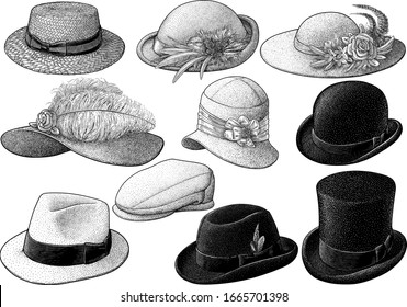 Vintage hat collection illustration  drawing  engraving  ink  line art  vector