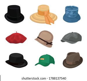 Vintage hats set. Male and female caps, fedora and summer straw hats for men and women, blue panama and red beret. Vector illustration for fashion, head wear, headdress, accessory concepts