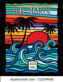 Vintage hawaii aloha surf graphic with ocean waves and palm trees vector t-shirt design. Surf ocean wave and palm, tree in color vintage style illustration