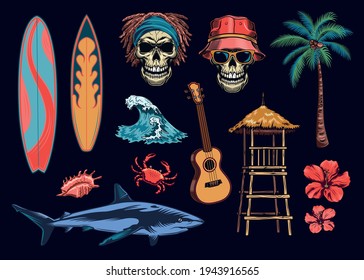 Vintage Hawaii club, colored element set. Signs of surfing board, skulls, guitar and palm tree isolated on black background vector illustration collection. Sea and summer vacation concept