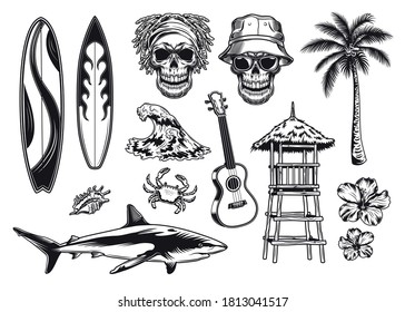 Vintage Hawaii club monochrome elements set. Black signs of surfing board, skulls, guitar and palm tree isolated on white background vector illustration collection. Sea and summer vacation concept