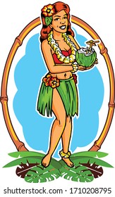 Vintage Hawaii Hula Dancer Girl Holding Coconut Cocktail