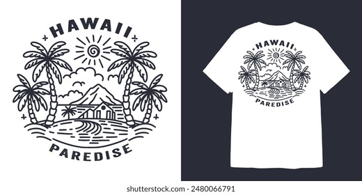 vintage hawaii paredise line art illustration for t shirt design