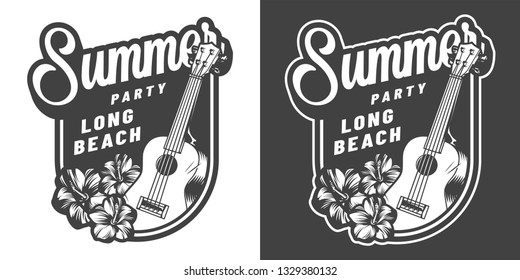 Vintage hawaii summer vacation monochrome badge with ukulele and hibiscus flowers isolated vector illustration