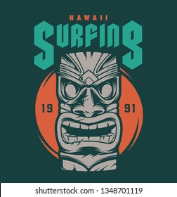 Vintage hawaii surfing print with tribal tiki mask on green background isolated vector illustration