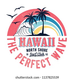 Vintage Hawaii theme text with palms, waves and birds vector illustrations. For t-shirt prints and other uses.