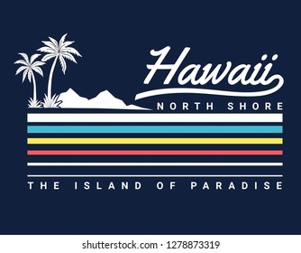 Vintage Hawaii theme text with palms, waves and birds vector illustrations. For t-shirt prints and other uses.