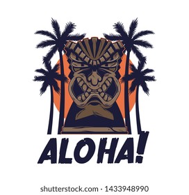 Vintage Hawaii tribal angry tiki mask idol aloha totem traditional Hawaiian primitive wood sculpture Polynesian style with palm for print design t-shirt poster sticker badge cartoon illustration
