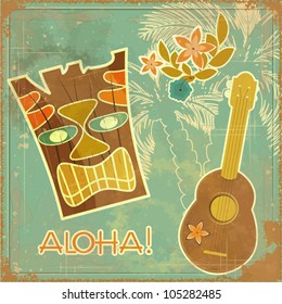 Vintage Hawaiian Card - Invitation To Beach Party - Vector Illustration