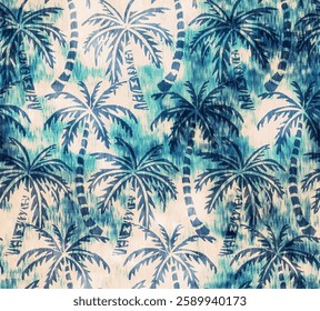 Vintage Hawaiian Palm trees design of tropical island scenes in a washed away indigo ink effect. Seamless repeat pattern.