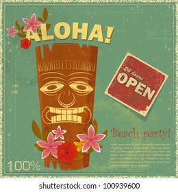 Vintage Hawaiian Postcard - Invitation To Beach Party - Vector Illustration