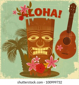 Vintage Hawaiian postcard - invitation to Beach party - vector illustration