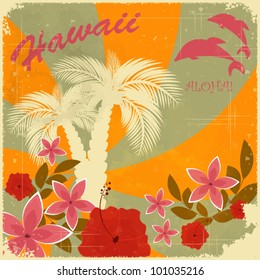 Vintage Hawaiian postcard - invitation to Beach party - vector illustration