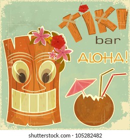 Vintage Hawaiian postcard - invitation to Tiki Bar - vector illustration