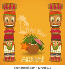 Vintage Hawaiian Tiki bar - cocktail and Tiki totem - vector illustration.
