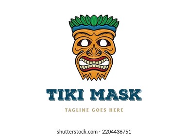 Vintage Hawaiian Wooden Tiki Bar Mask Face Logo Design Vector