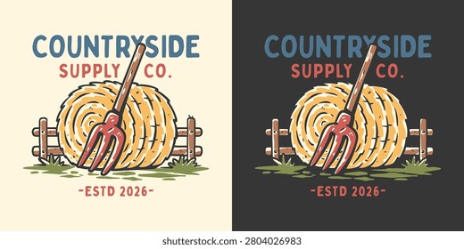 Vintage Hay Bale With Pitchfork Rustic Farm Supply Countryside Agricultural T shirt Illustration. Retro Wild West Vector Illustration