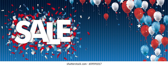 Vintage header with striped background, balloons, text Sale and confetti. Eps 10 vector file.