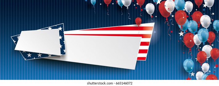 Vintage header with striped background, balloons and abstract banner in the US-Flag colors. Eps 10 vector file.