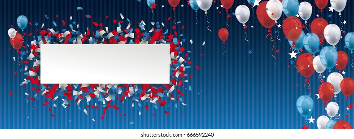 Vintage header with striped background, balloons, paper banner and confetti. Eps 10 vector file.
