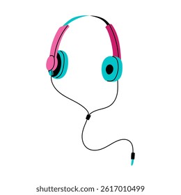 Vintage headphones from 90s. Flat color illustration. Vector in pop-retro style for greeting card or poster, printed on clothes. Fashion and style, clothes and accessories. isolated subject for music