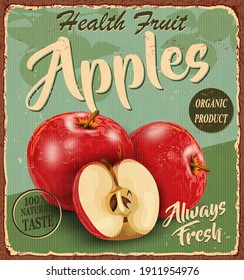 Vintage Health Fruit Apples Poster 1950s Style.Vector Illustration.