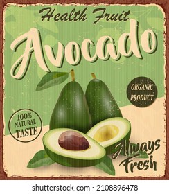 Vintage Health Fruit Avocado Poster 1950s Style.Vector Illustration.
