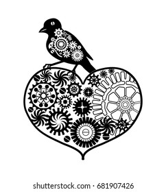 Vintage heart with bird. Mechanism made of cogs and gears. Vector Illustration of art element for card, site. Steampunk style. Tattoo design.