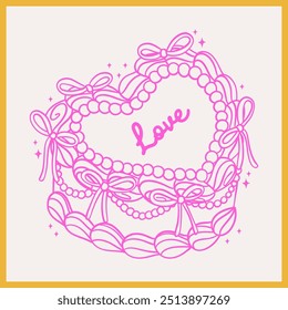 Vintage Heart Cake Coquette bow Doodle Retro Hand Drawn Outline Cake Vector isolated on background