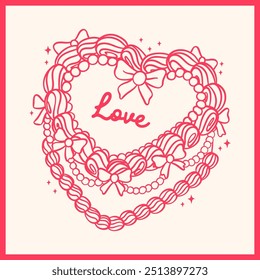 Vintage Heart Cake Coquette bow Doodle Retro Hand Drawn Outline Cake Vector