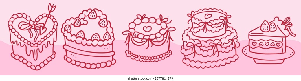 Vintage Heart Cakes set with Coquette bows. Doodle Retro Hand Drawn Outline doodle sweets.