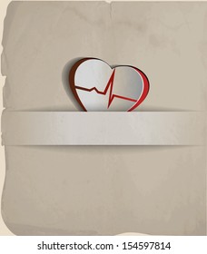 Vintage Heart, cardiogram concept. Paper looking design.  Heart and heart rate monitoring line. 