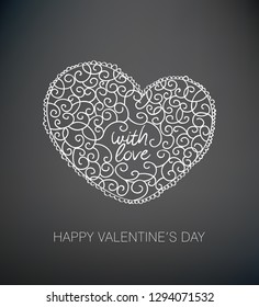 Vintage heart composed of white line art on dark background. Greeting card for Valentine's Day, birthday, Mother's Day, March 8, wedding invitations. Vector illustration.