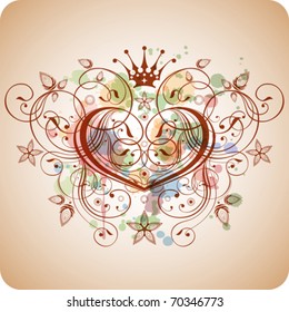 Vintage heart & floral calligraphy ornament - a stylized orchid & color paint background