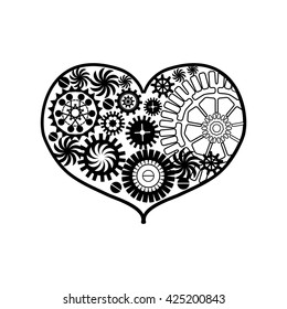  Vintage heart icon. Mechanism made of cogs and gears. Vector Illustration of art element for card, site. Steampunk style. Tattoo design.