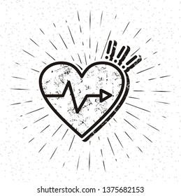 Vintage heart icon with sunburst on grunge background
