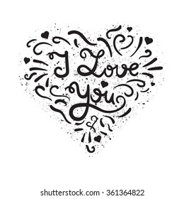 Vintage heart with lettering. Greeting about love for Valentine's Day. Retro wedding card. I love you. Vector