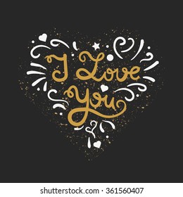 Vintage heart with lettering. Greeting about love for Valentine's Day. Retro wedding card. I love you. Vector