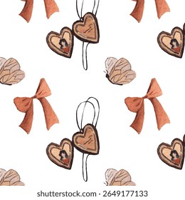 Vintage Heart Locket  Bow Seamless Pattern.  Watercolor Style for Romantic Gifts, Scrapbooking, and Feminine Designs. Vintage brown toned background. Cute cozy style.