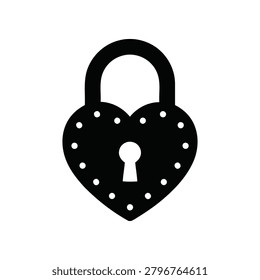 Vintage heart padlock illustration, solid black silhouette love lock clipart, symbol of security, friendship, and eternal bond