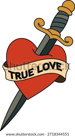 Vintage heart pierced by dagger with love ribbon banner and text "TRUE LOVE" in classic traditional tattoo style. Bold outlined symbolic love design. Vector illustration for prints, branding and romantic digital projects
