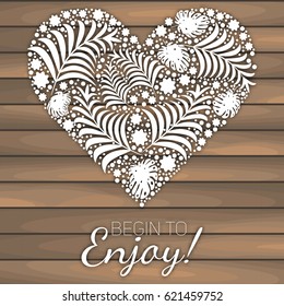 
 vintage  heart shape made of flowers and leaves. Beautiful floral background. Use for card, greeting, invitation, wedding, party,  valentine. On a wooden texture