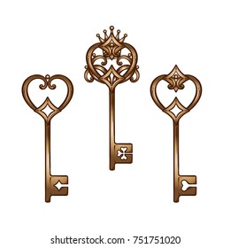 Vintage heart shaped bronze antique skeleton keys set. Hand drawn isolated vector illustration.