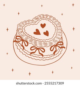 Vintage heart shaped cake in coquette aesthetics with ribbon bows and hearts. Element for wedding, party, birthday, Valentine's day. Hand drawn doodle vector illustration.