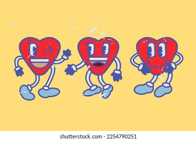 Vintage heart shaped face emoji set of 3. Retro 70s, 80s, 90s style emoticon. Red love emoticons with hands and legs flat vector collection. Cartoon funny style hero image express love.