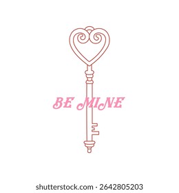 Vintage heart shaped key. Love symbol isolated on white background. Be mine inscription. Valentines day illustration. Vector for celebration Valentine Day, wedding, party, anniversary etc.