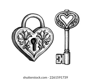 Vintage heart shaped padlock and key. Valentine day design. Wedding accessory. Hand drawn ink sketch. Retro style.