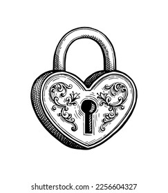 Vintage heart shaped padlock. Valentine day design. Wedding accessory. Hand drawn ink sketch. Retro style.