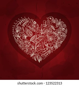 Vintage heart vector on grunge background. Vector design element. Love card. Valentine background  with heart. Vector Illustration EPS 10. Can be used for invitation, card, banners. Floral motif.